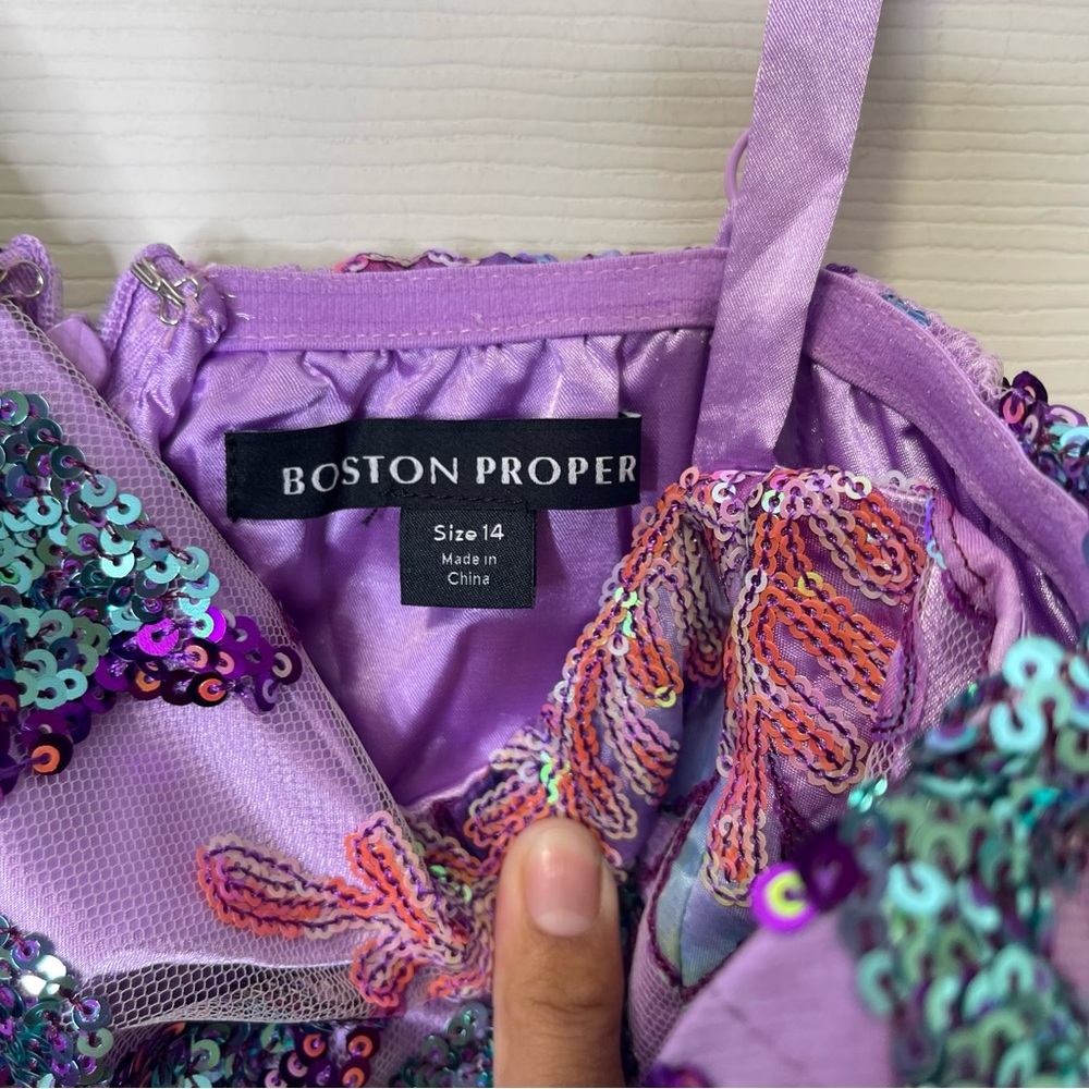 Boston Proper Embroidered Sequin Mesh Ruffle Slit Midi Dress Sz 14 - Picture 5 of 8